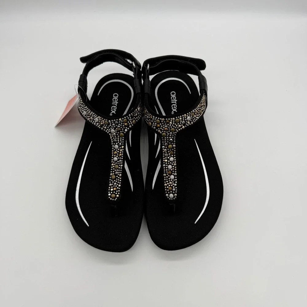 Aetrex Lindsey Black SE680 Women's Orthotic T-Strap Sandals Size 6-6.5 Nee